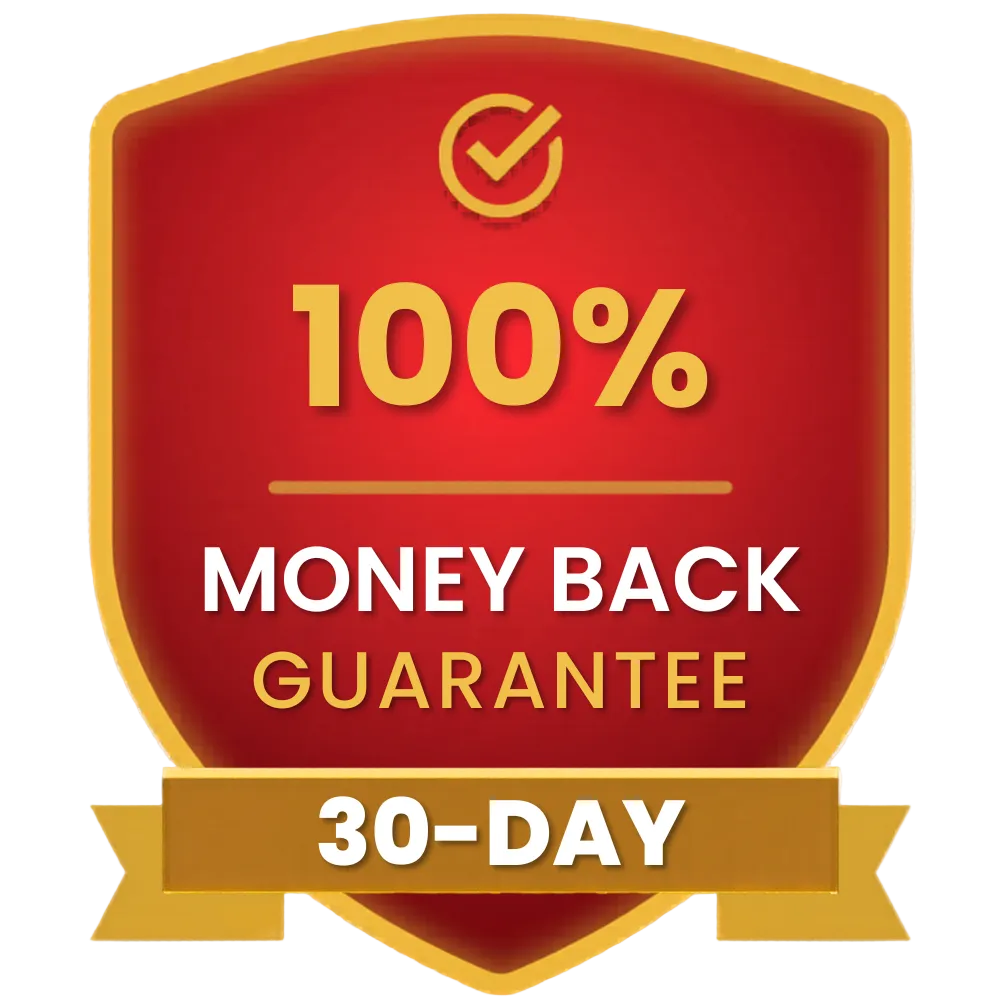 Red and gold shield with '100% Money Back Guarantee 30-Day' text on a white background