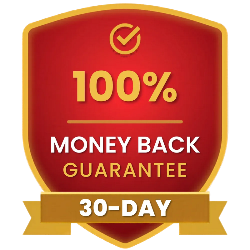 Red and gold shield with '100% Money Back Guarantee 30-Day' text on a white background