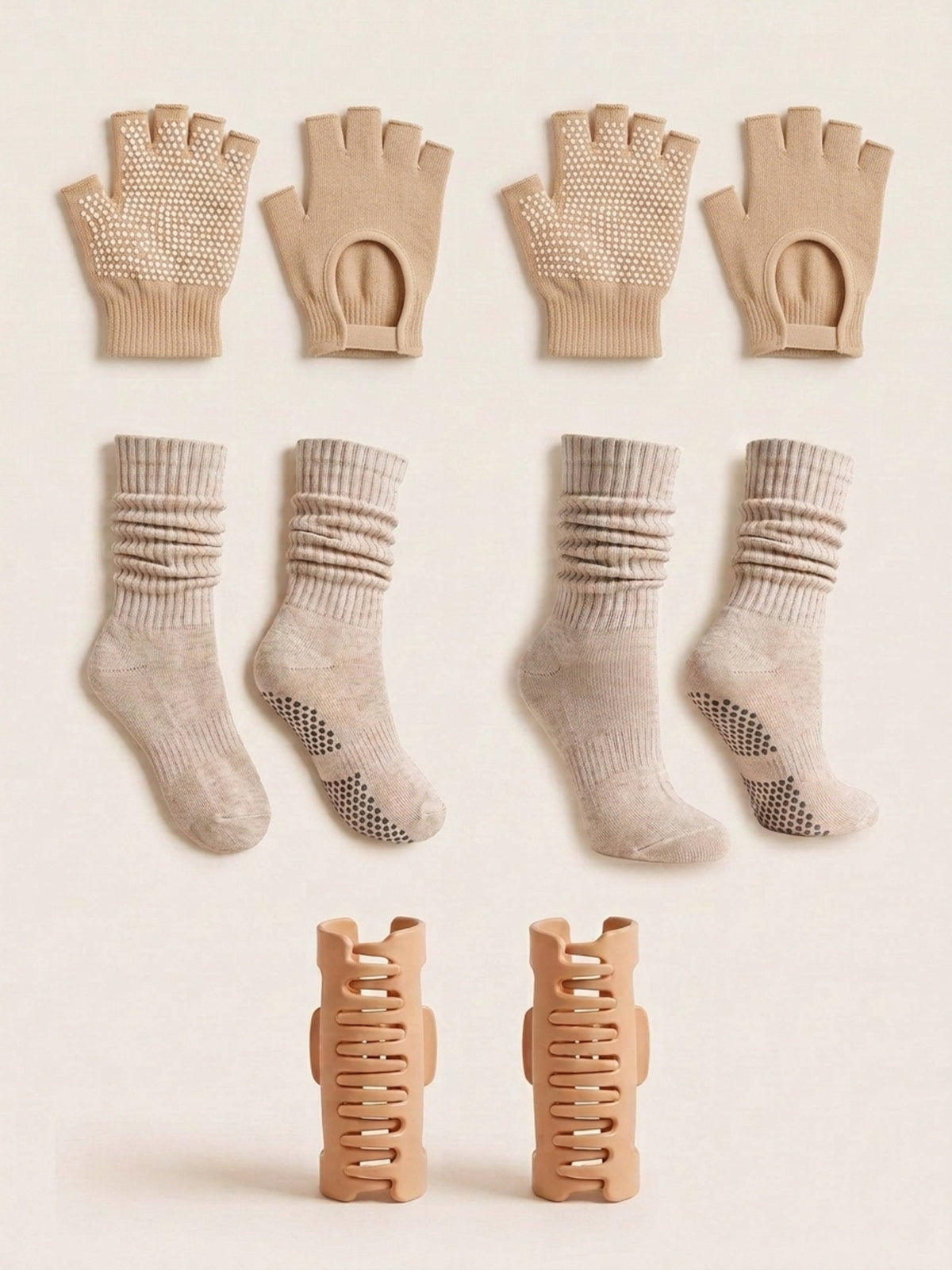 Oat gloves, socks and SoftClip 2-Pack laid flat together in matching oat