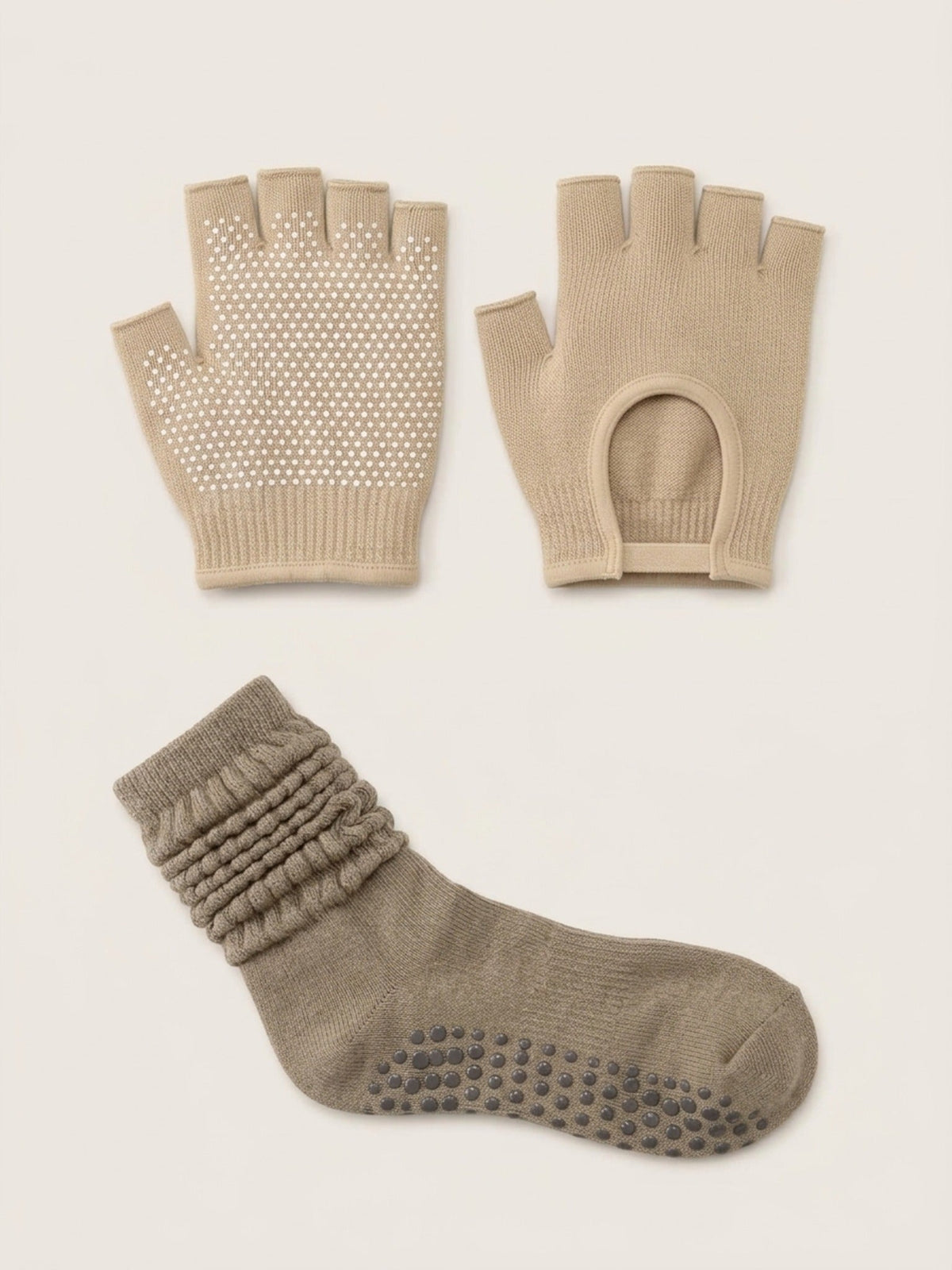Starter Set in Oat: one pair of oat SoftGrip half-finger gloves and one oat Scrunch grip sock