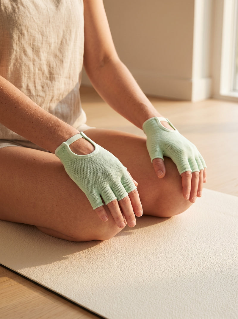 Woman seated on a Pilates mat with hands on her knees in mint SoftGrip gloves, open oval back cut-out and wrist strap