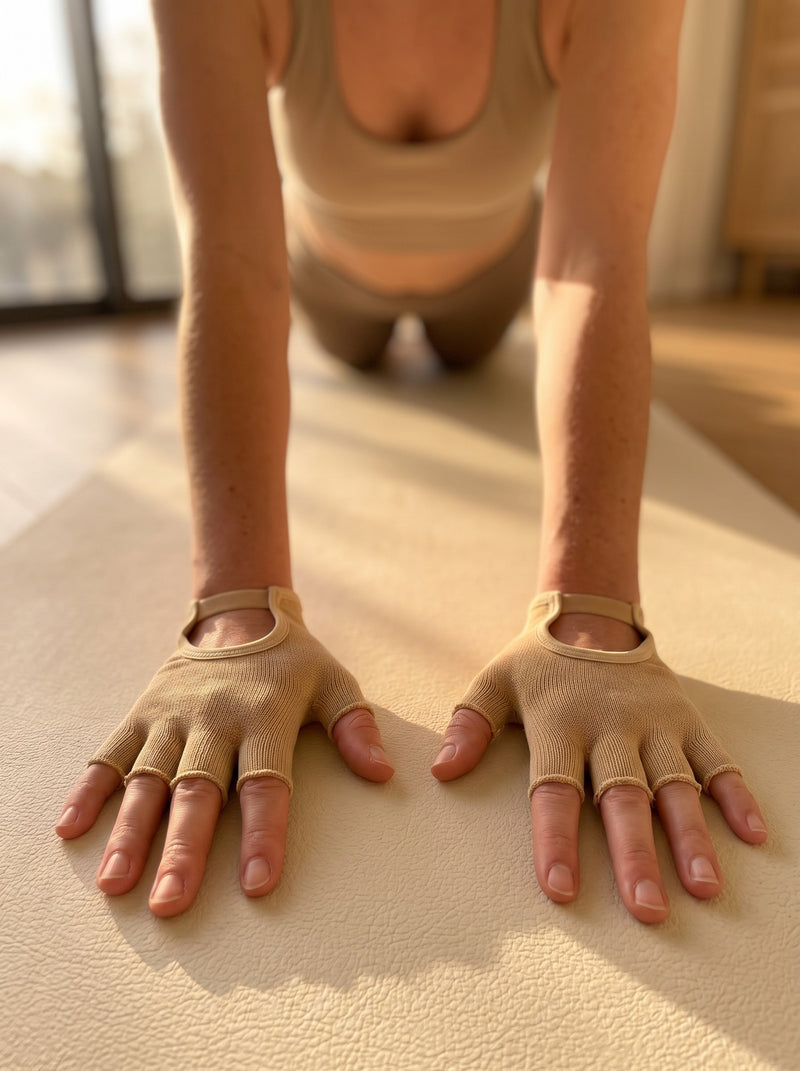 SoftGrip Pilates gloves, in use on the reformer